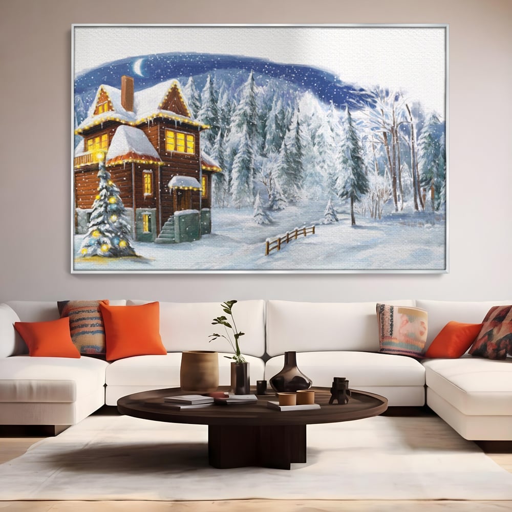 Tablou canvas cu tablou canvas cu peisaj de iarna, in rama de aluminiu argintiu, pe perete intr-un living